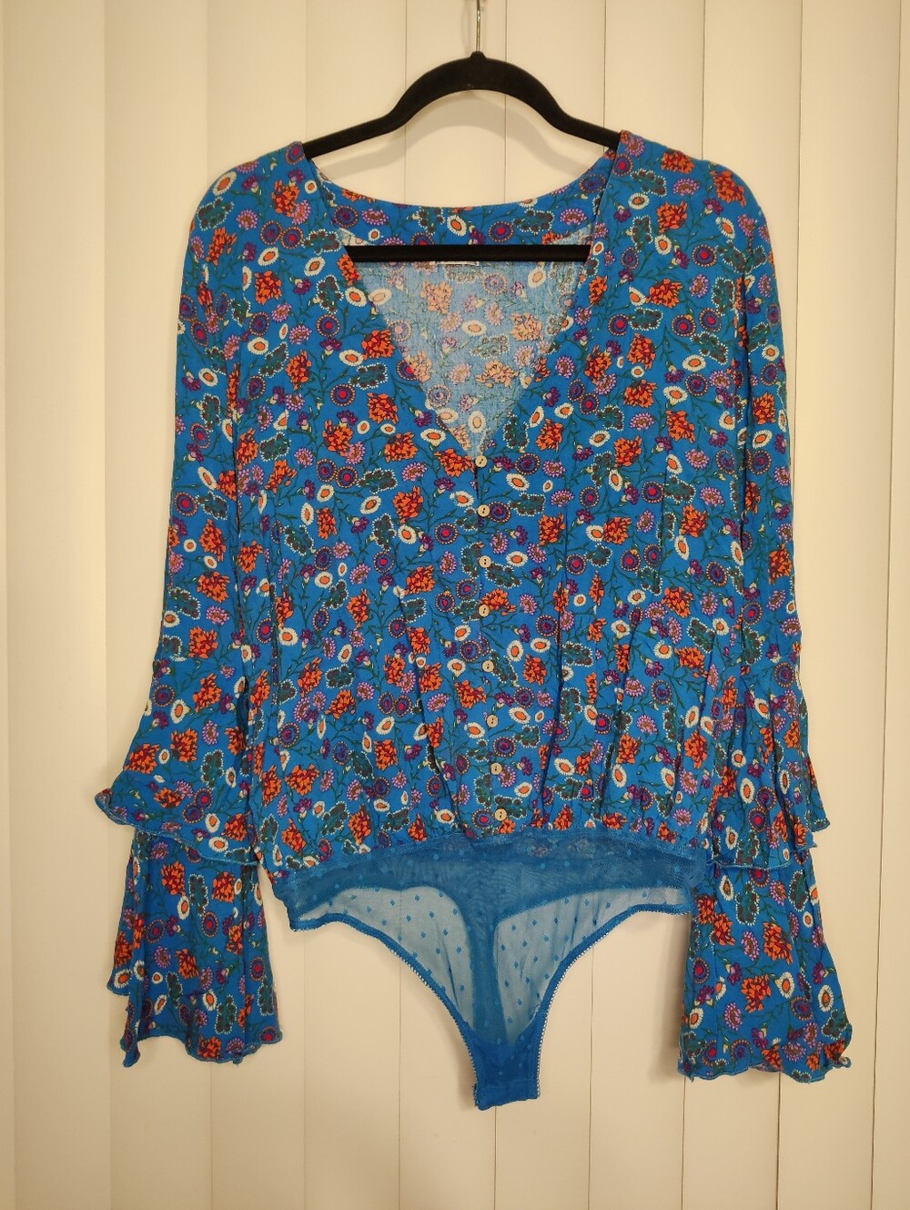 Free People Blue Floral Long Sleeve Bodysuit